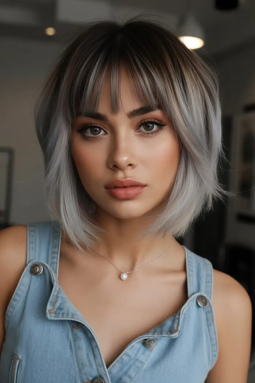 Fall shag haircut Lavender Frost Bob with Silky Fringe