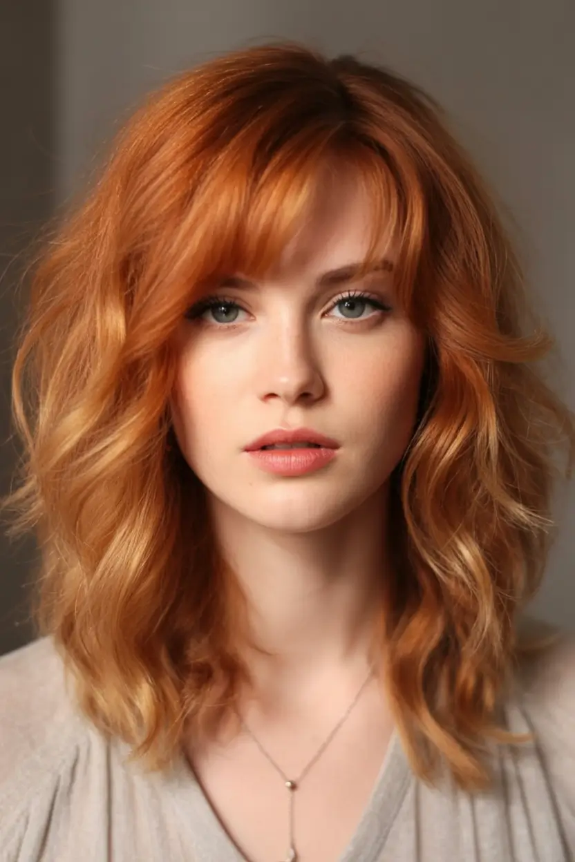 Fall shag haircut Soft Ginger Layers with Side-Swept Bangs