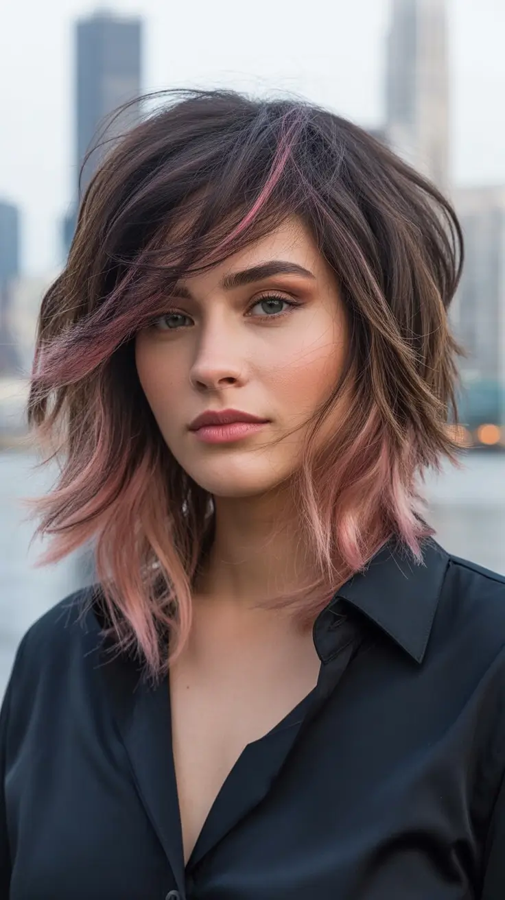 Fall shag haircut Pink Dipped Texture Bob with Windswept Volume
