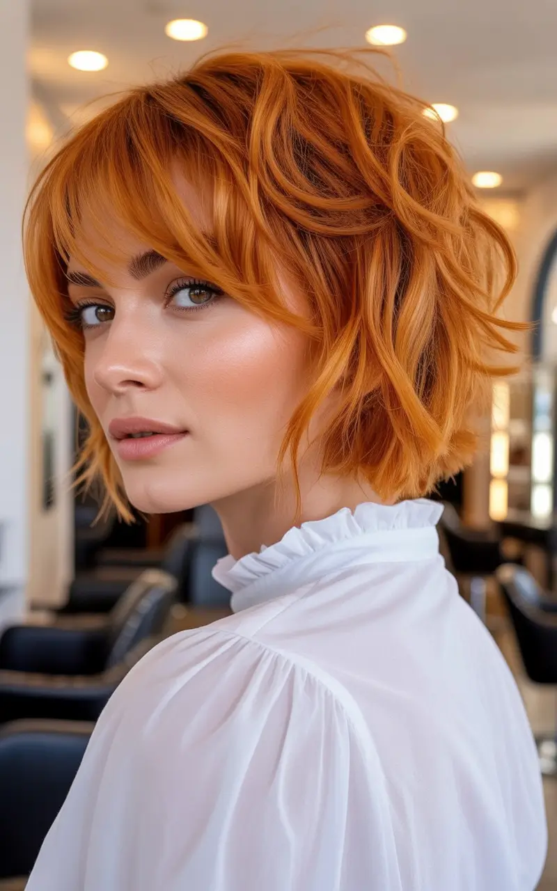 Fall shag haircut Tousled Copper Bob with Baby Bangs