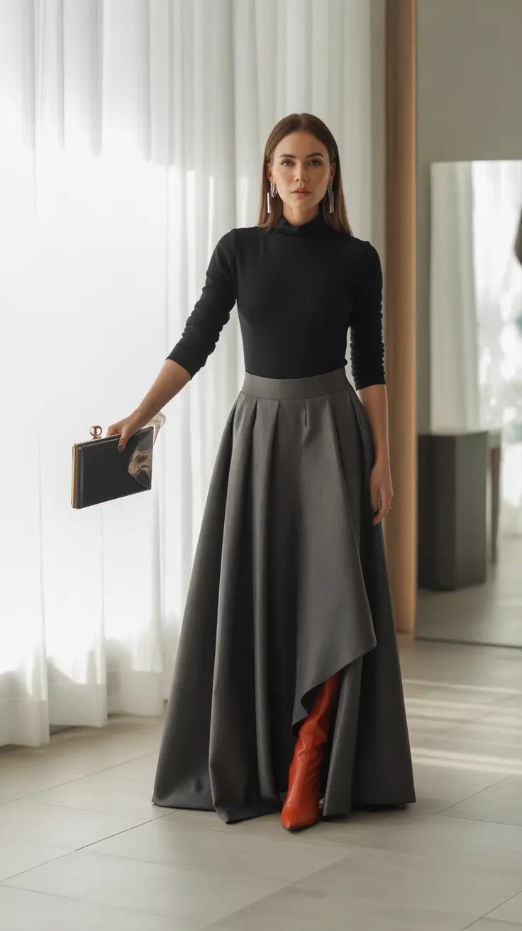 fall transition outfits 2025 Draped Elegance in Charcoal and Rust