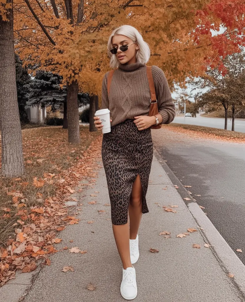 fall transition outfits 2025 Leopard Midi & Knit Coffee Walk