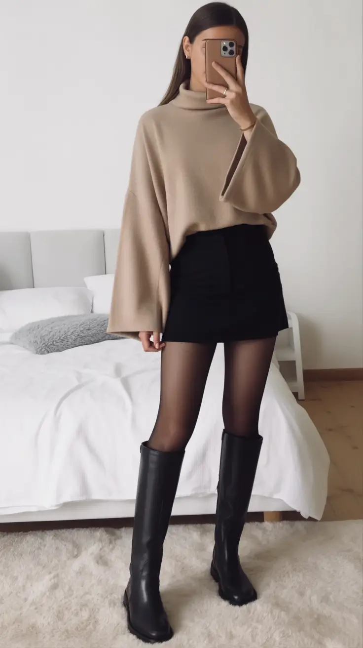 fall transition outfits 2025 Sheer Tights & Camel Drama