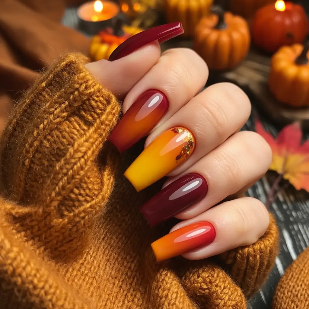 September-nails-color-Pumpkin-Fade-with-Gold-Leaf