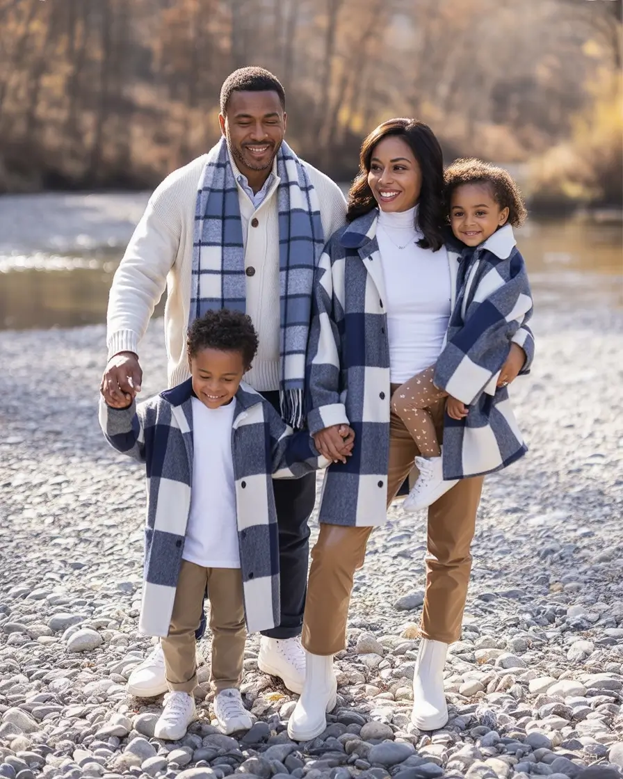 fall family photo outfits Checkered Layers by the River