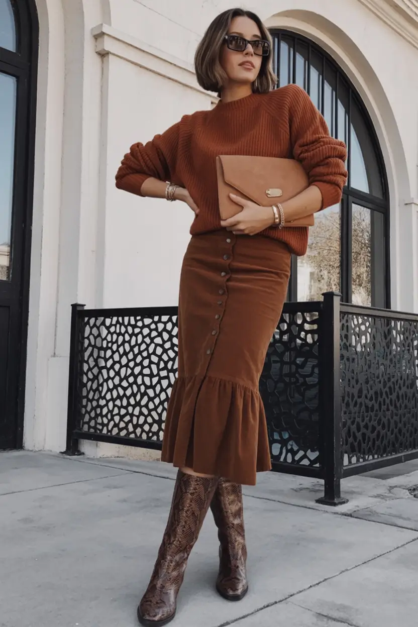 fall fashion trends for women 2025 Monochrome Earth Tones with a Statement Boot