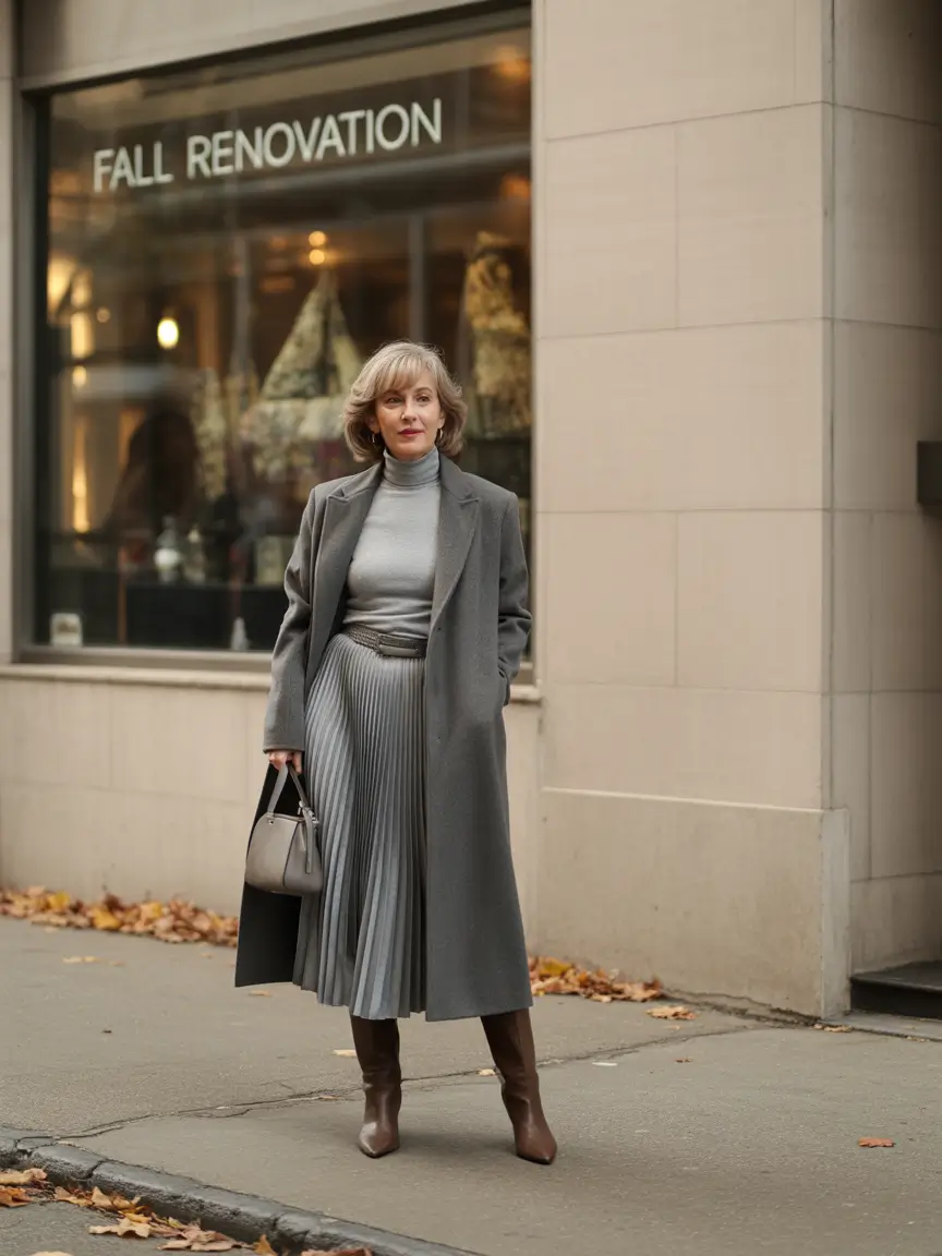 fall outfits ideas 2025 Monochrome Cool in Pleats and Grace