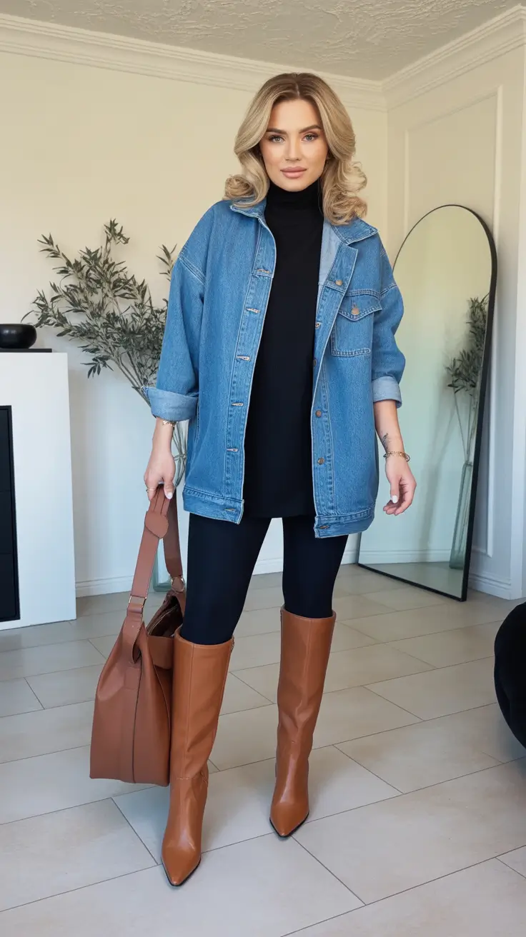 fall fashion outfits Denim Dominance with a Tall-Boot Twist