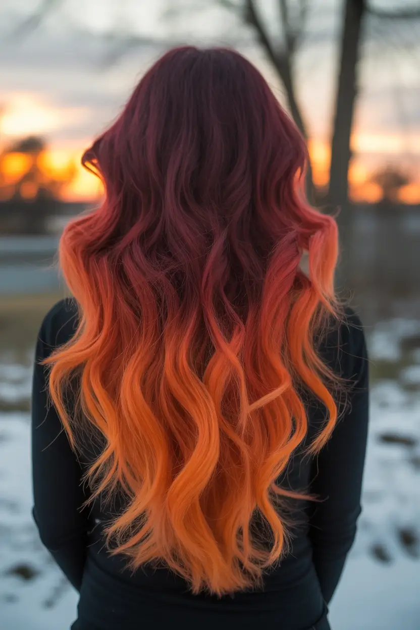 Fall hair color for women over 40 Sunset Ombre for Maximum Autumn Drama