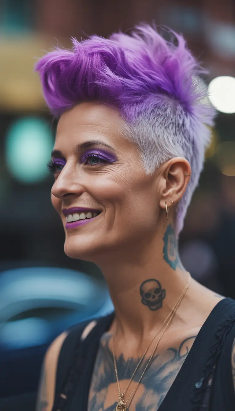 Fall hair color for women over 40 Ultraviolet Pompadour with Frosted Fade