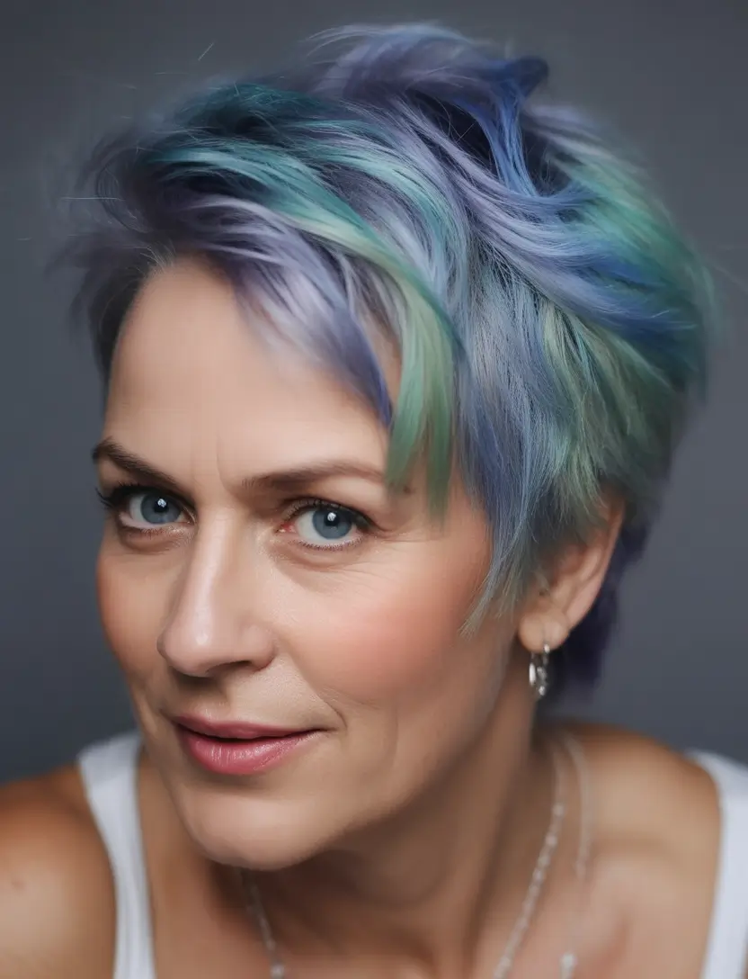Fall hair color for women over 40 Mermaid Mint and Lavender Pixie