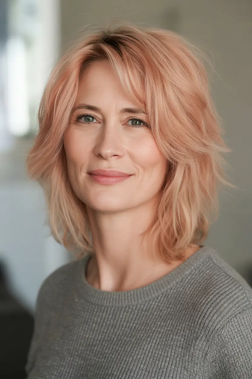 Fall hair color for women over 40 Peachy Rose Mid-Length Soft Layers