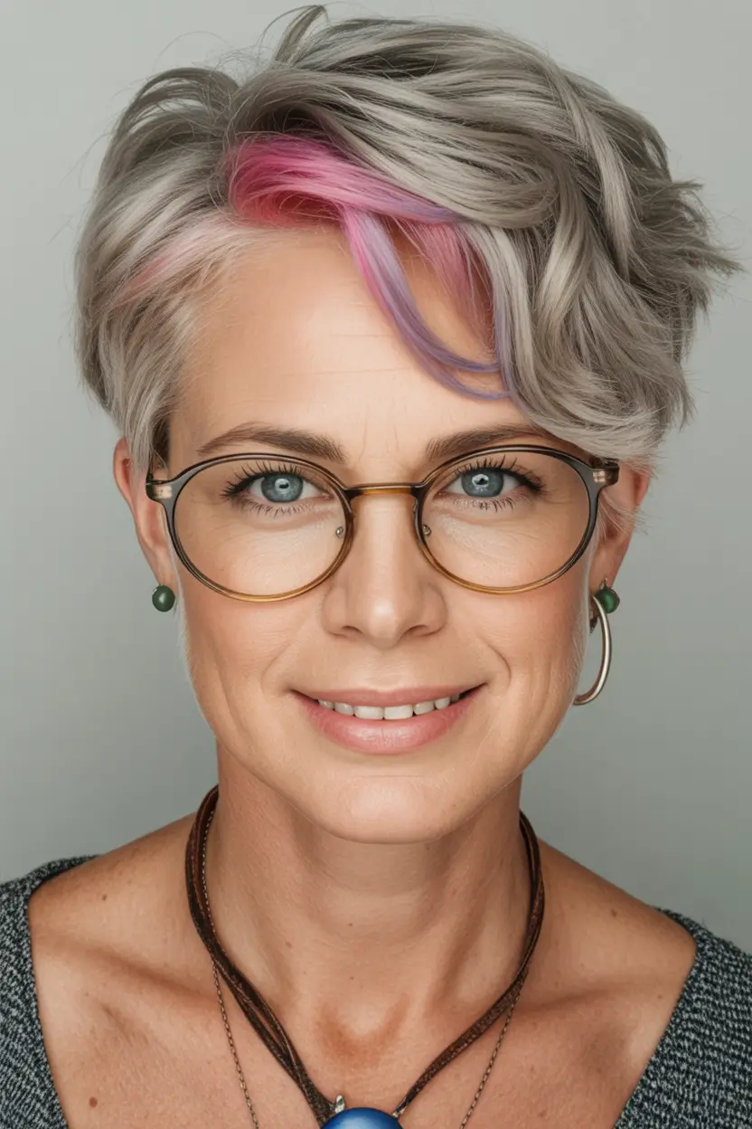 Fall hair color for women over 40 Silver Bob with Lavender Peekaboo