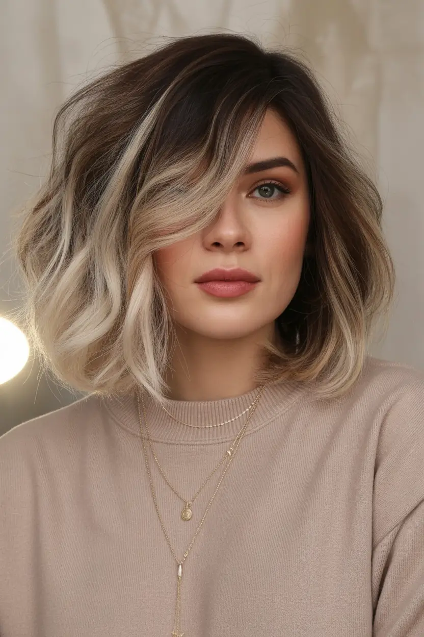 Fall Haircuts for Chubby Faces Layered Bob with Ash Blonde Balayage
