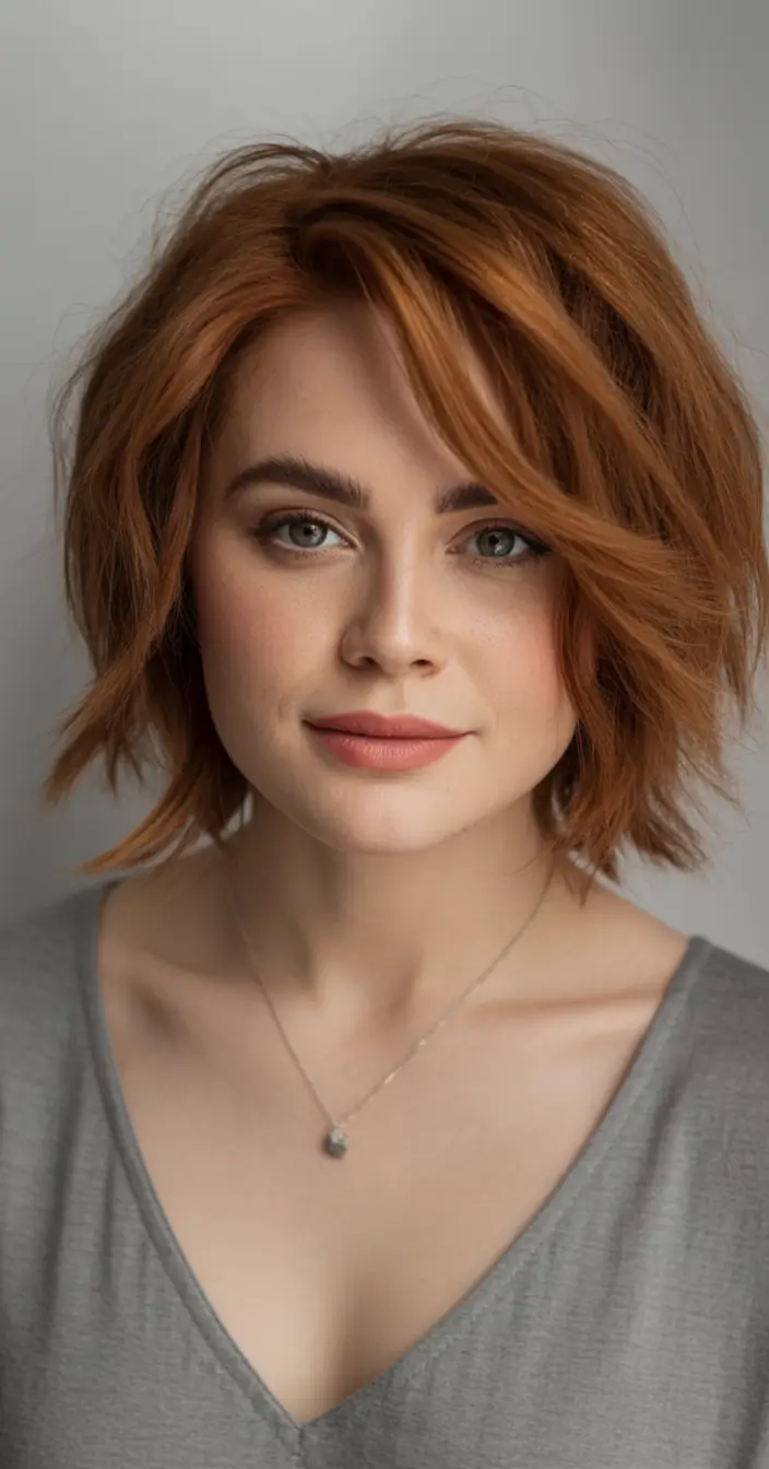 Fall Haircuts for Chubby Faces Tousled Cinnamon Shag with Side Texture