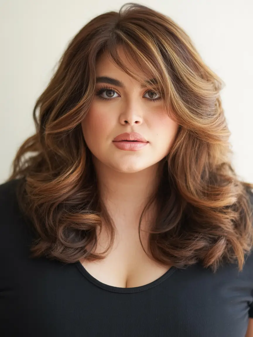 Fall Haircuts for Chubby Faces Layered Blowout with Feathered Bangs