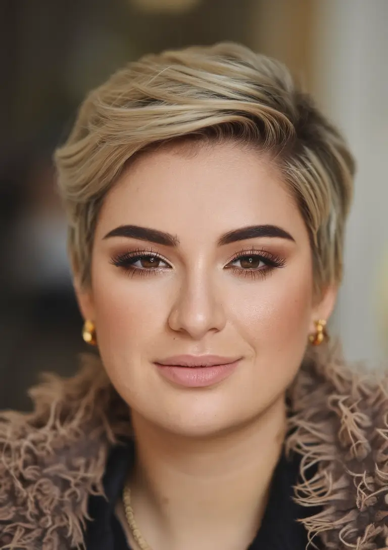 Fall Haircuts for Chubby Faces Side-Swept Blonde Pixie with Texture