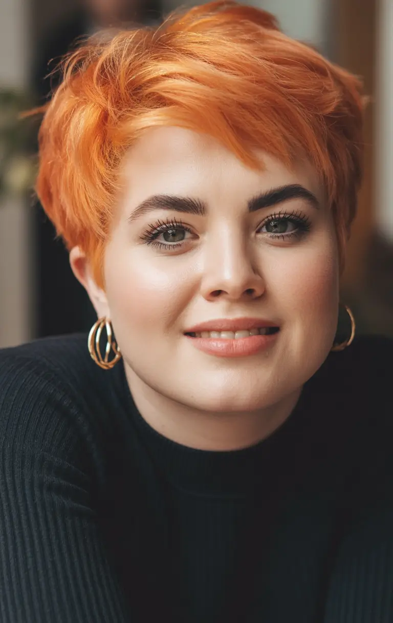 Fall Haircuts for Chubby Faces Fiery Orange Pixie with Choppy Fringe