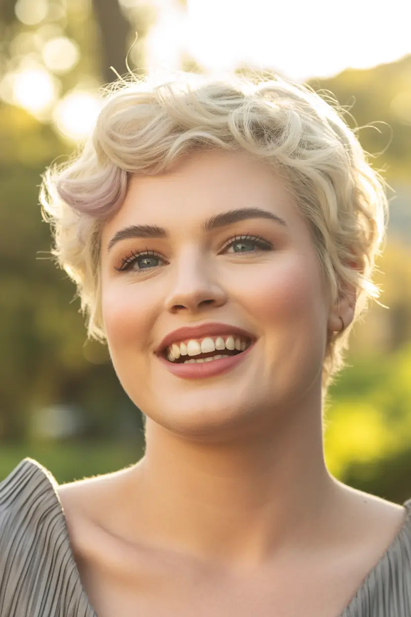Fall Haircuts for Chubby Faces Curly Platinum Pixie with Vintage Flair