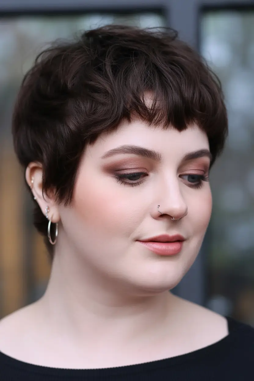 Fall Haircuts for Chubby Faces Chocolate Cropped Pixie with Baby Bangs