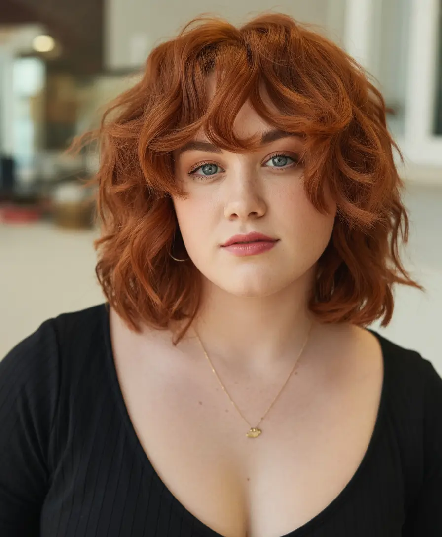 Fall Haircuts for Chubby Faces Copper Shag with Curtain Bangs
