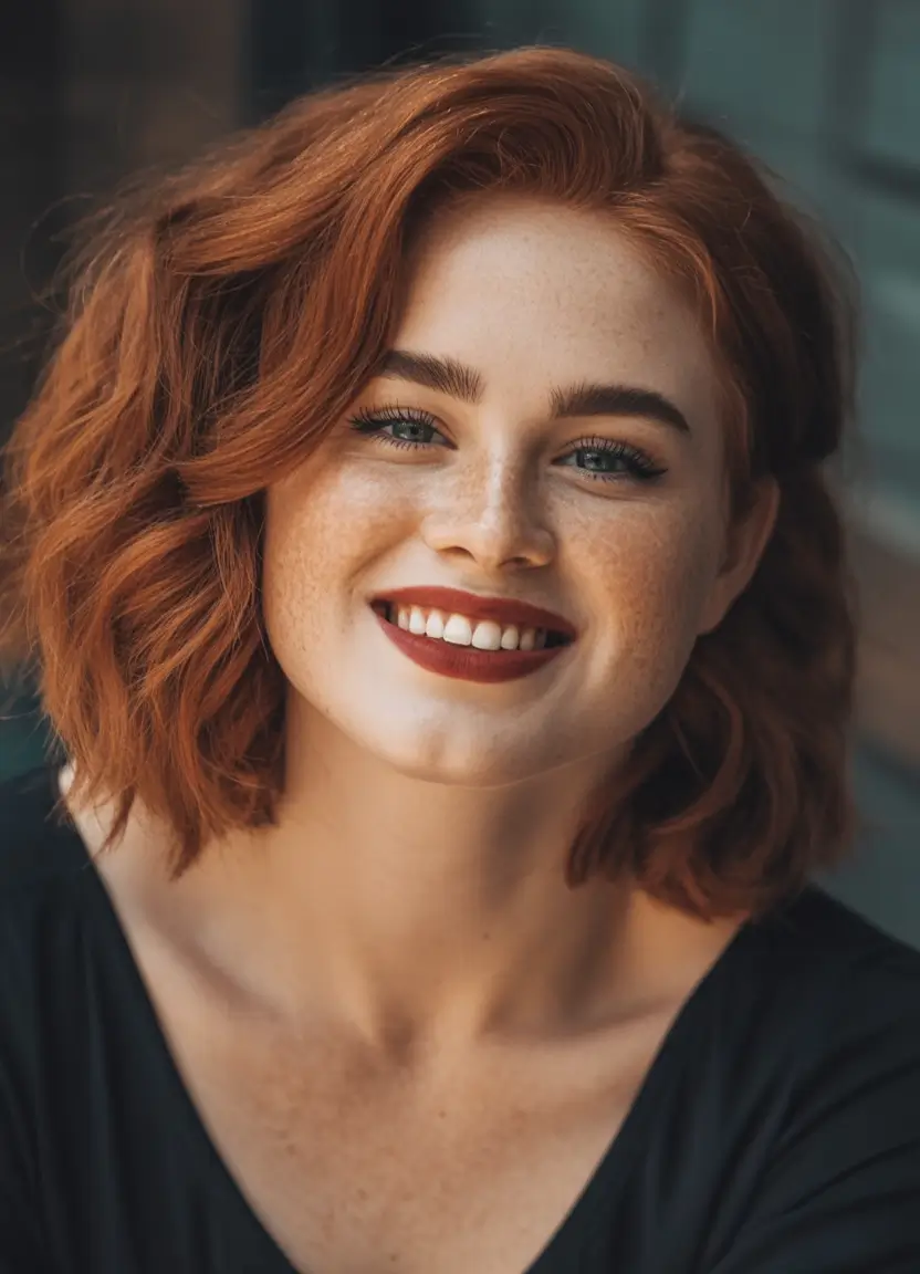 Fall Haircuts for Chubby Faces Soft Auburn Crop with Retro Volume