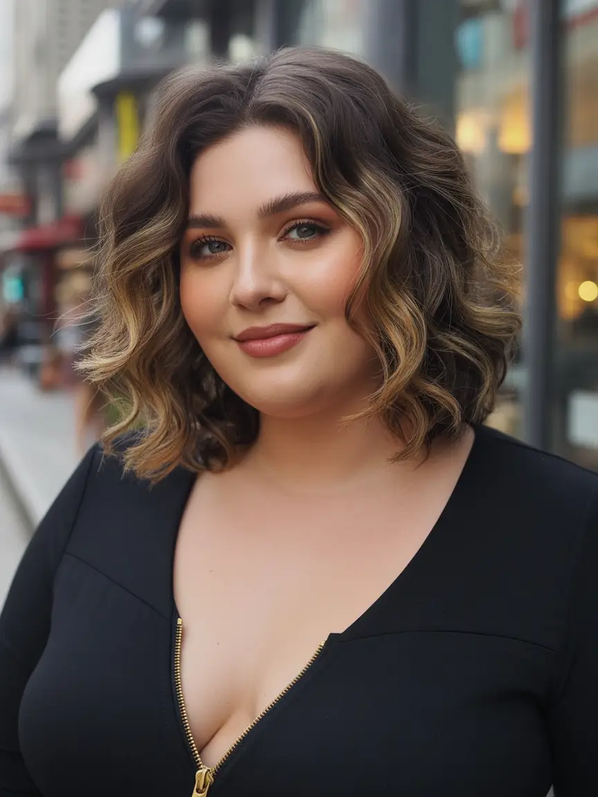 Fall Haircuts for Chubby Faces Dimensional Wavy Lob with Gold-Rimmed Contrast