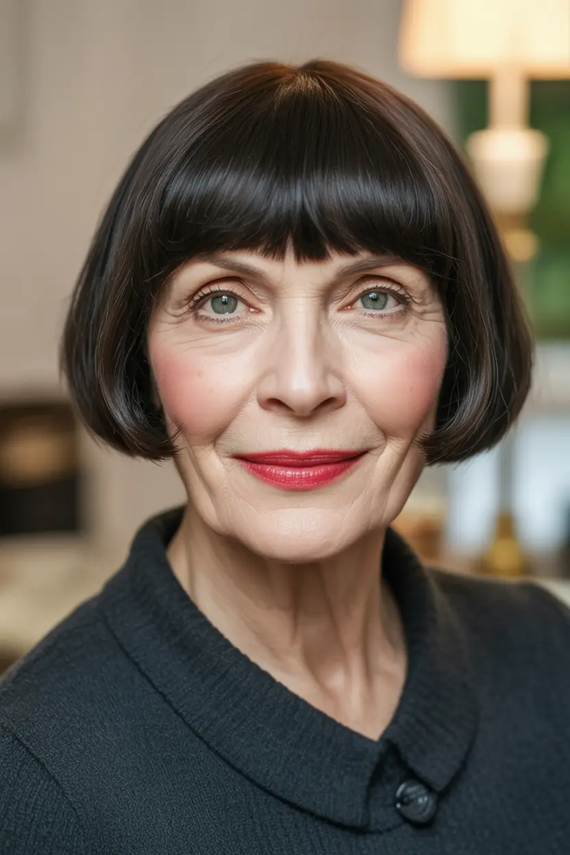 Fall haircuts for women over 60 Sharp French Bob With Baby Bangs