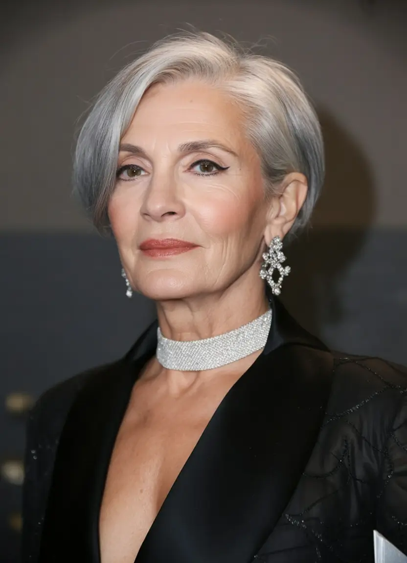 Fall haircuts for women over 60 Elegant Asymmetric Silver Sweep