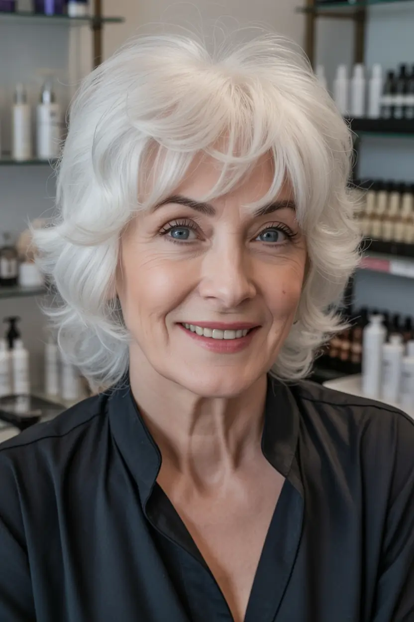 Fall haircuts for women over 60 Feathered White Layered Flick