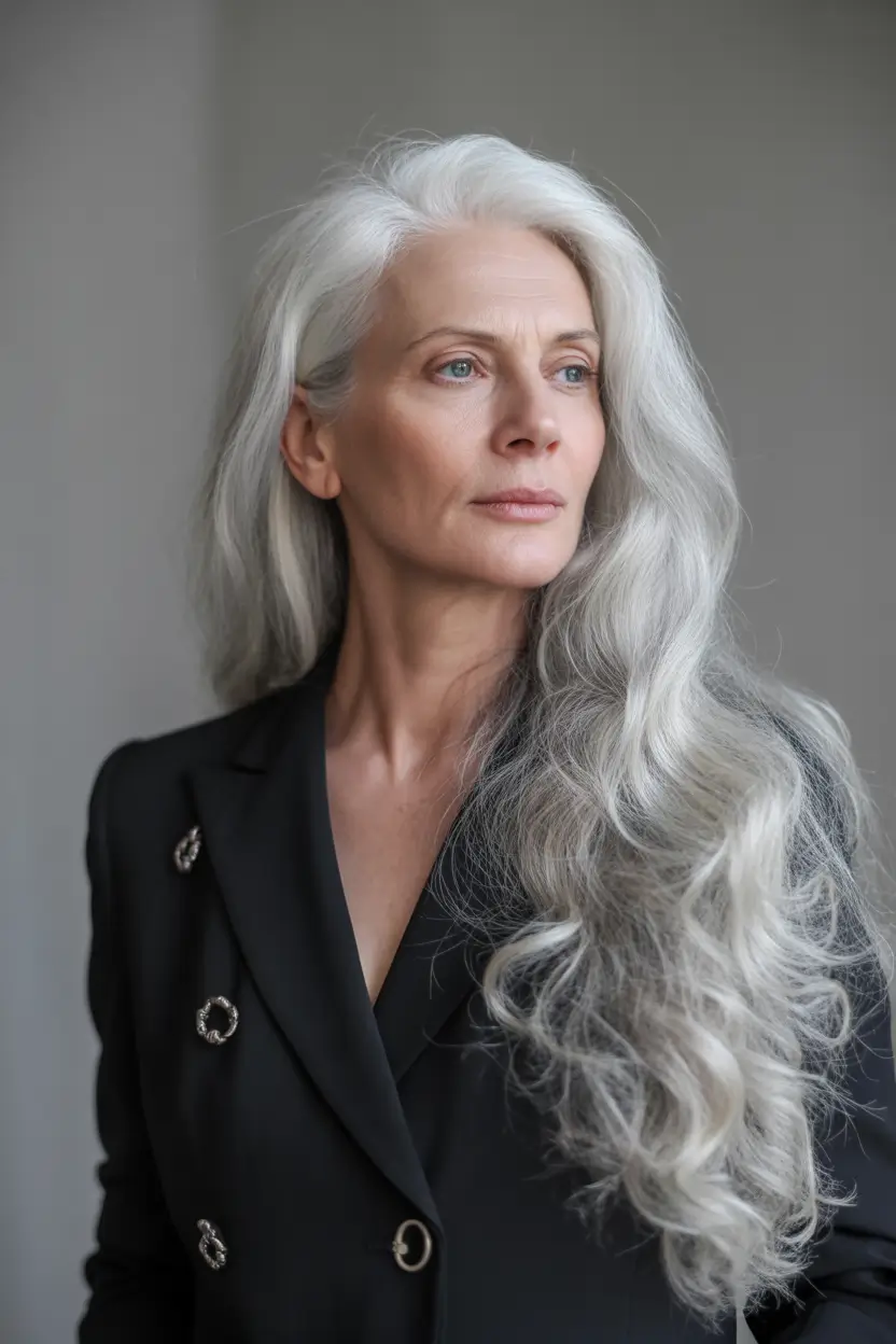 Fall haircuts for women over 60 Long Silver Layers With Soft Waves
