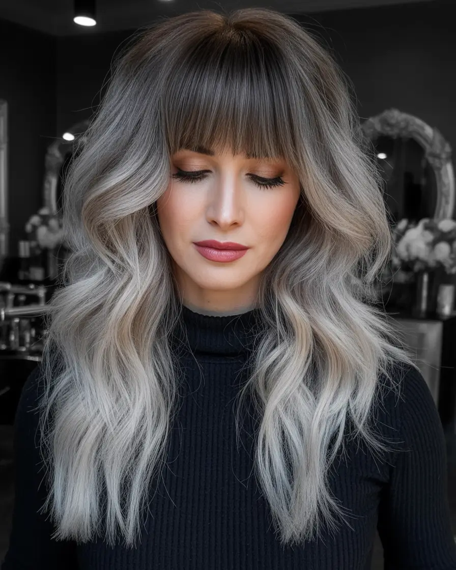 September haicuts Silver Balayage Waves with Curtain Bangs