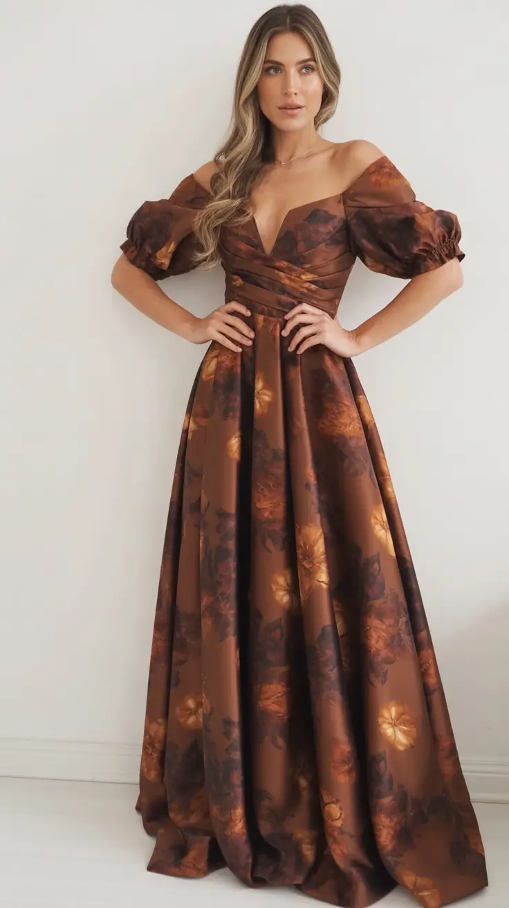 october wedding guest outfits ideas 2025 Bronzed Florals and Puff Sleeve Drama