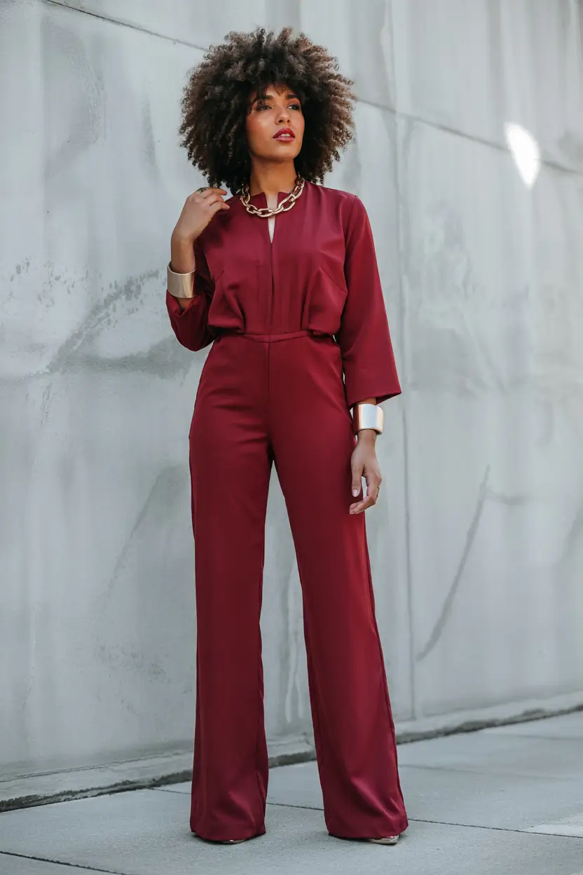 october wedding guest outfits ideas 2025 Burgundy Jumpsuit Power Play