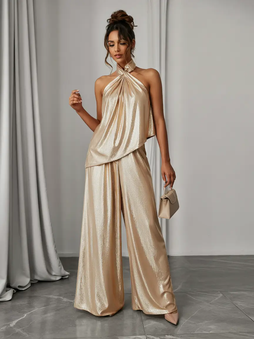 october wedding guest outfits ideas 2025 Champagne Liquid Shine