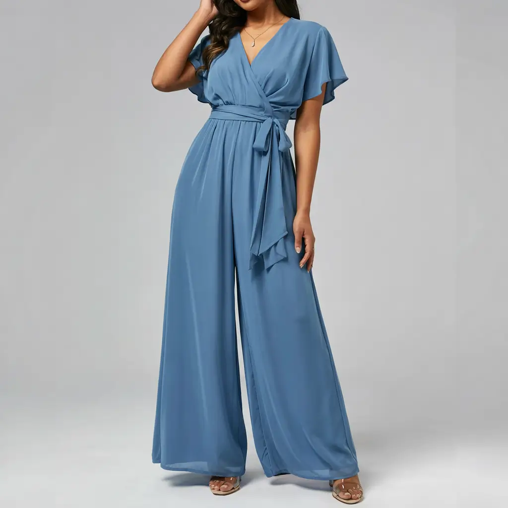 october wedding guest outfits ideas 2025 Slate Blue Wrap Jumpsuit