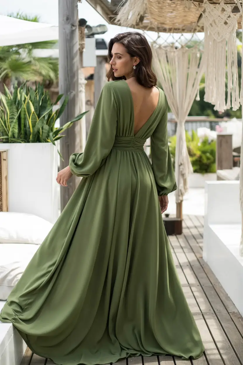 october wedding guest outfits ideas 2025 Olive Green and Backless Grace