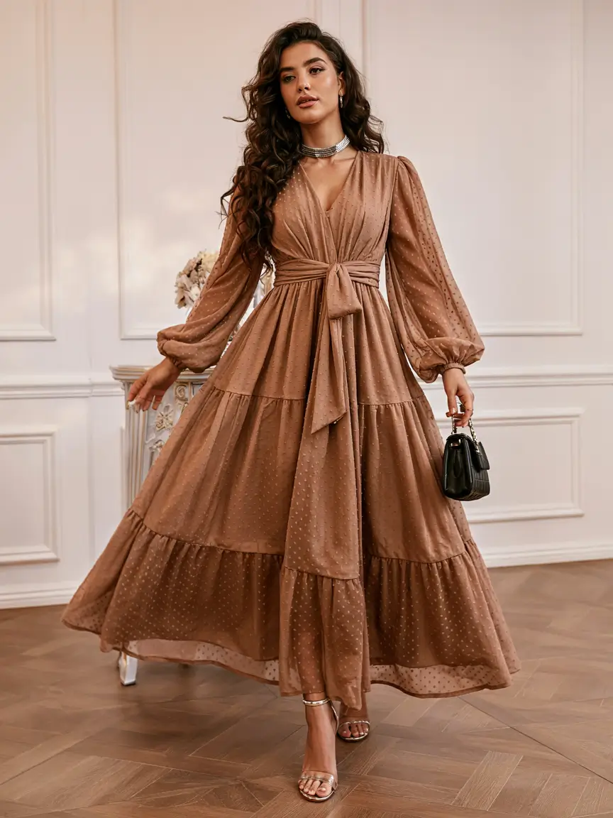 october wedding guest outfits ideas 2025 Cocoa Tiered Midi for Cozy Fall Vibes