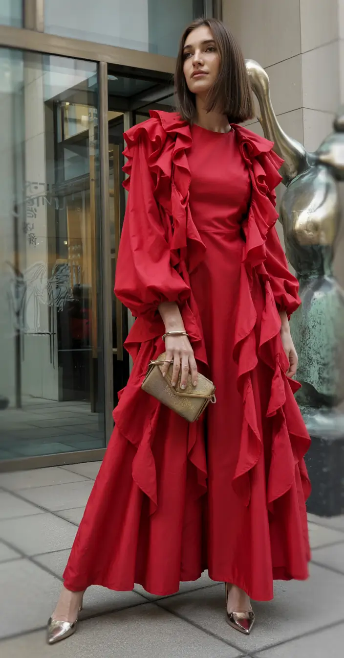 october wedding guest outfits ideas 2025 Statement Scarlet with Ruffle Drama