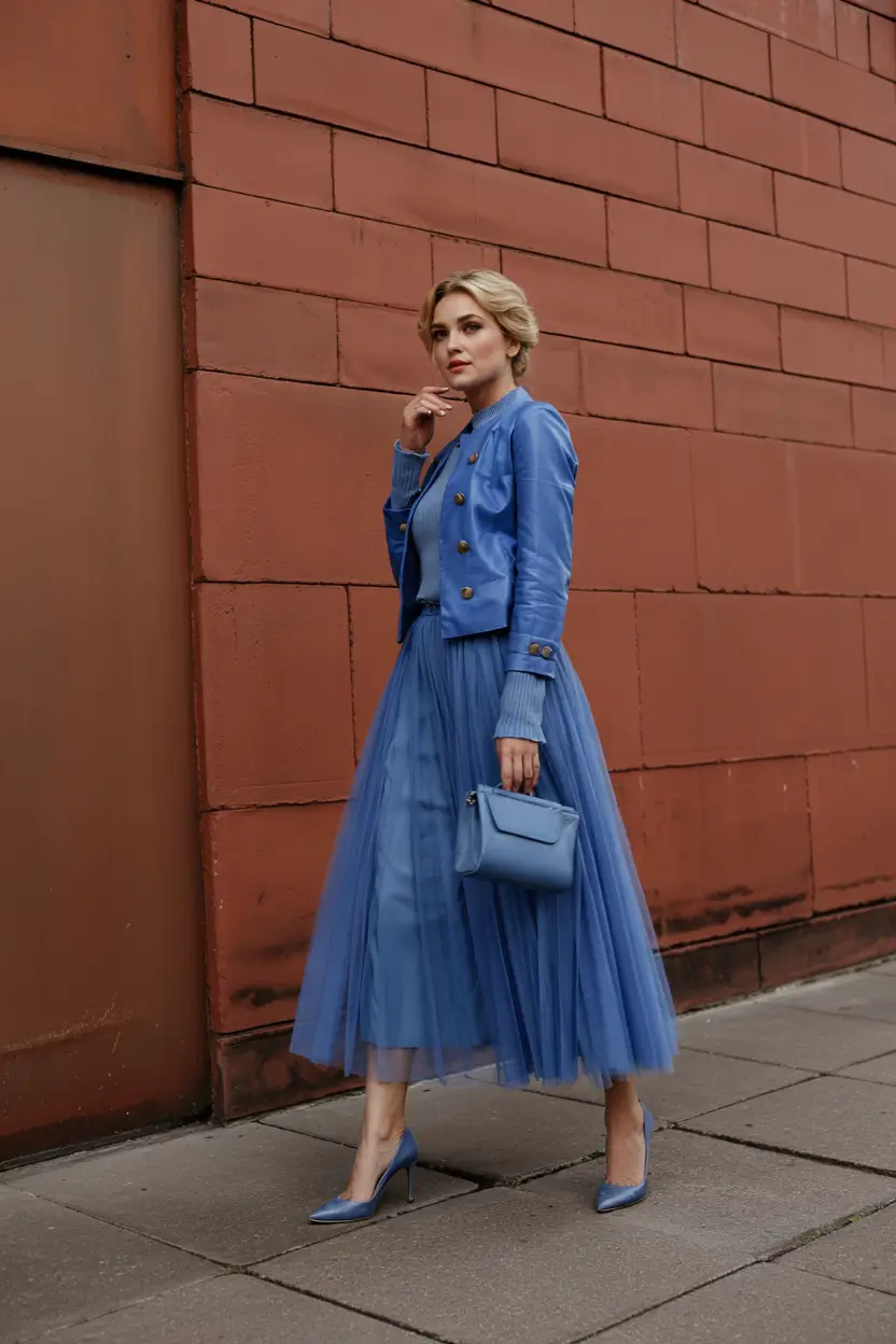 october wedding guest outfits ideas 2025 Layered Blue Tulle & Military Chic