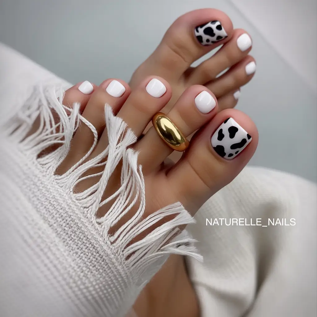 September toe nails Chic Cow Print with a Glossy White Twist