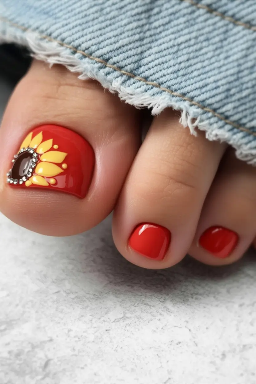 September toe nails Sunflower Accent on Crimson Red