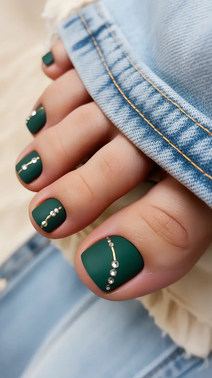 September toe nails Emerald Green with Gold Chain Details