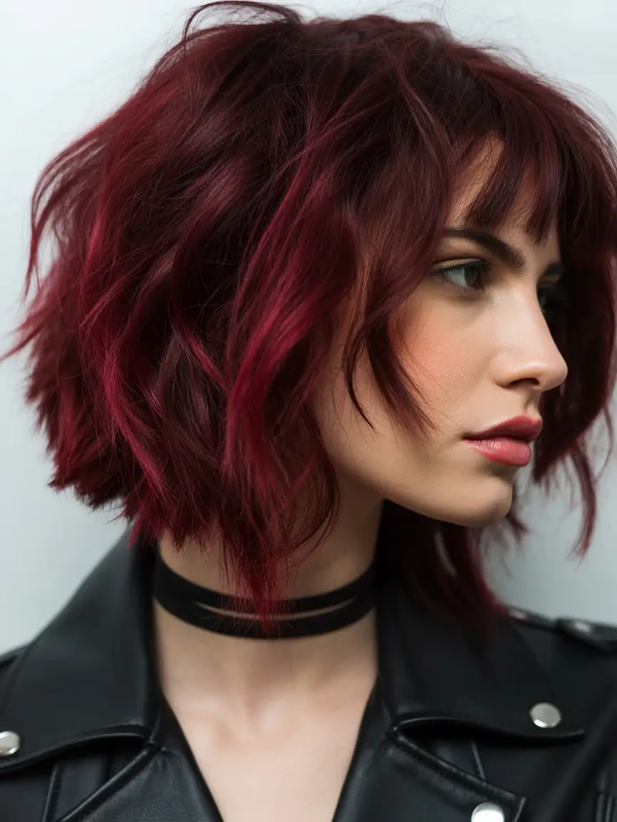 Fall red hair color Textured Bordeaux Bob with Fringe