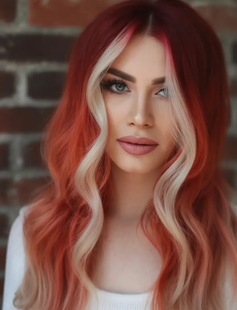 Fall red hair color Peach Blonde Melt with Bold Money Piece