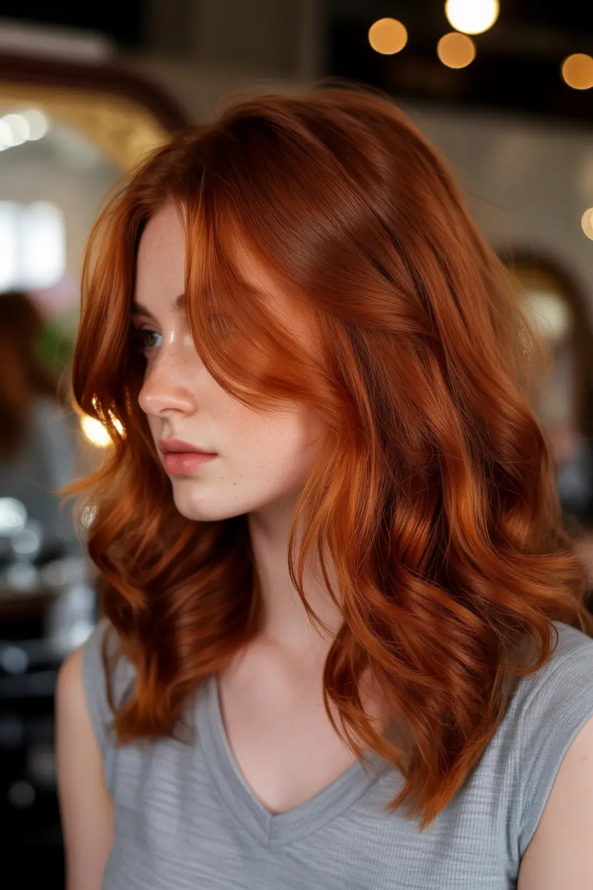 Fall red hair color Burnished Amber Layers with Flowing Curls
