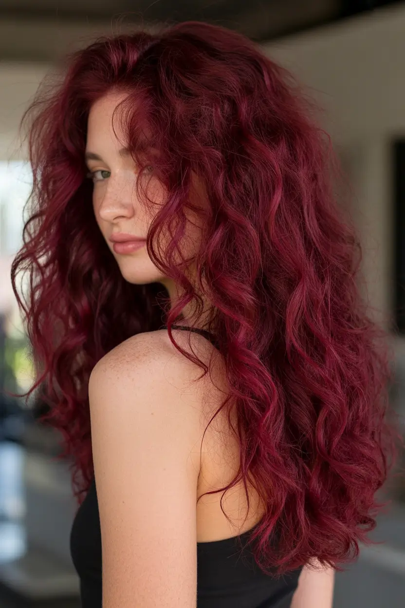 Fall red hair color Berry Wine Curls with Long Layers