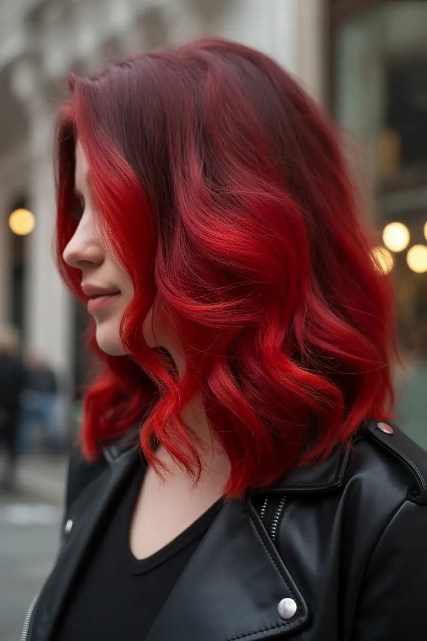 Fall red hair color Flame-Tipped Curls with Dimensional Depth