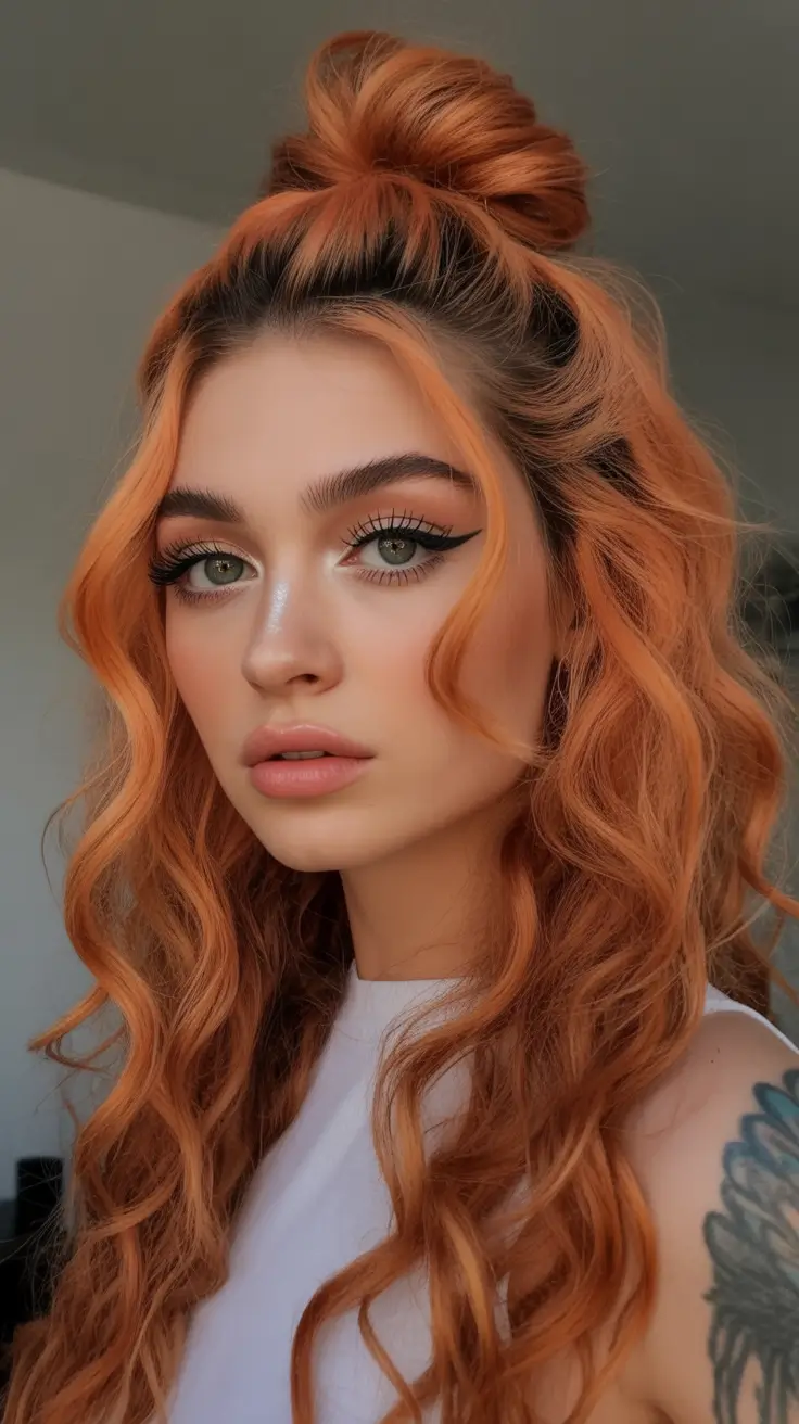Fall red hair color Copper Pumpkin Curls with a Top Knot
