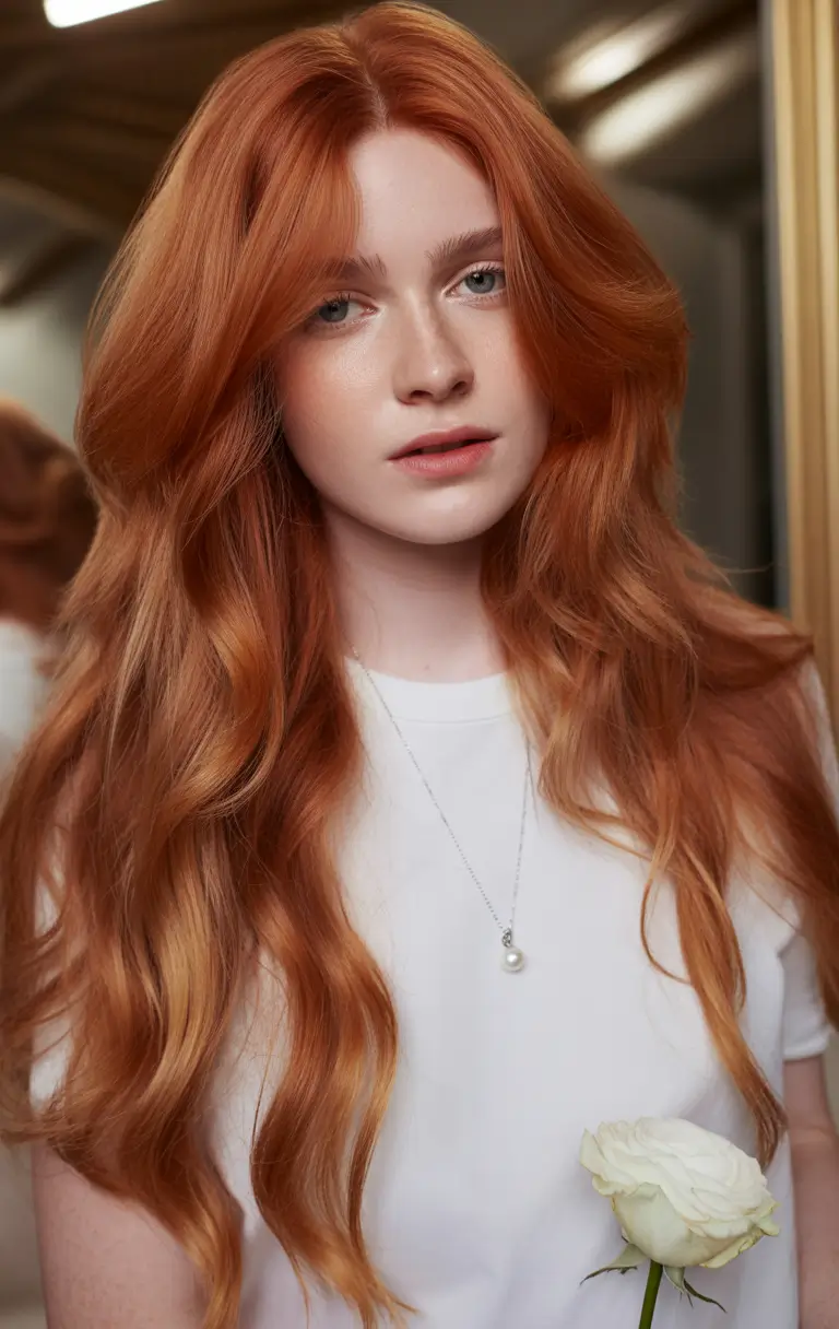 Fall red hair color Soft Ginger Waves with Long Layers